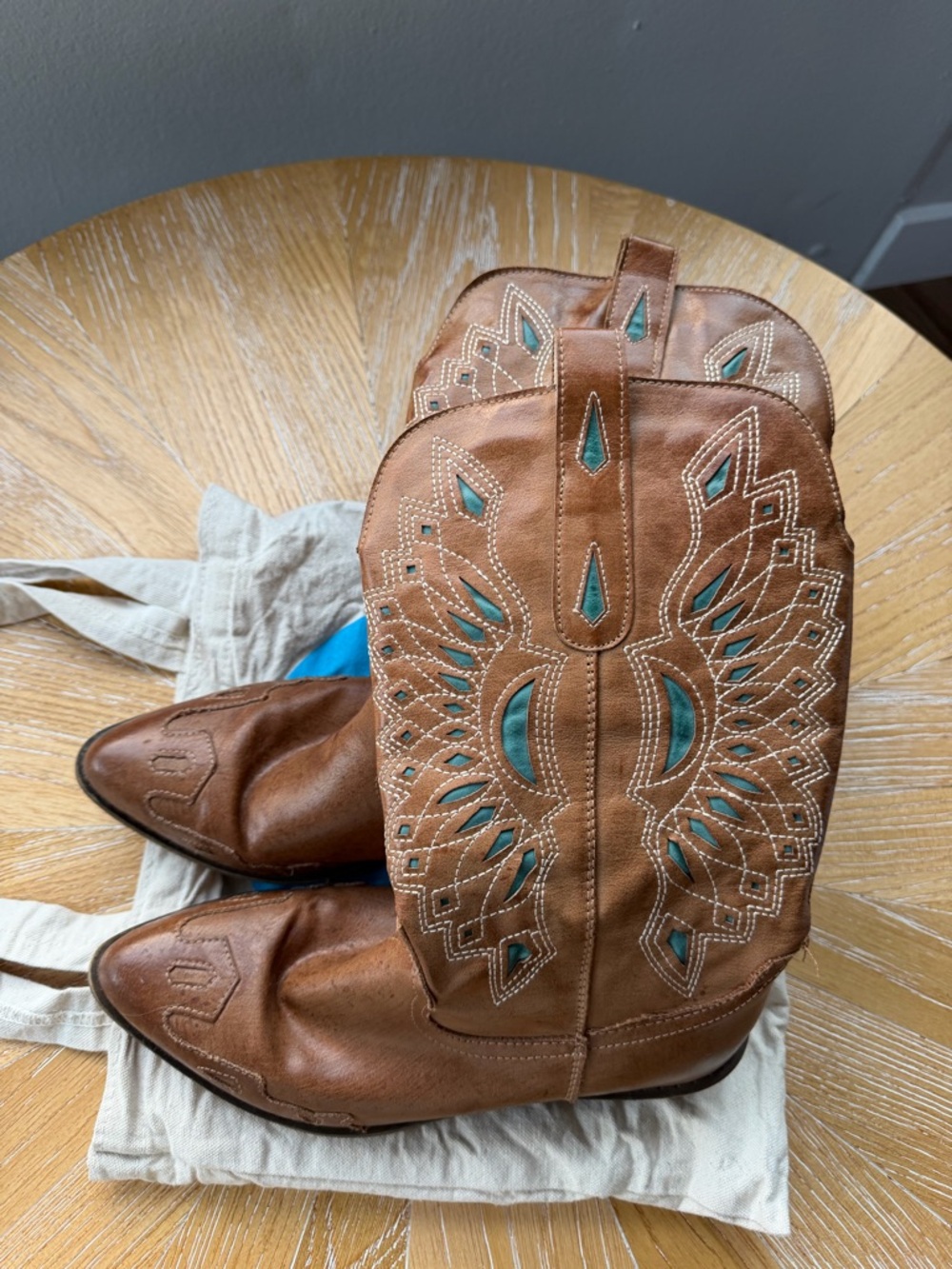 Women's Brown Leather Embroidered Heeled Cowboy Boots with Teal Accents